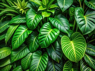 Vibrant green tropical foliage with intricate veins and wavy edges, featuring a mix of large and small leaves in a lush, dense, and humid jungle setting.