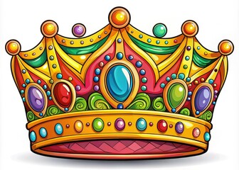 Fototapeta premium Vibrant, hand-drawn cartoon crown with intricate details, bright colors, and exaggerated design elements, perfect for royalty, luxury, or playful projects.