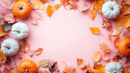 Fototapeta premium Pastel autumn leaves and pumpkins arranged in a minimal style, blank space for copy
