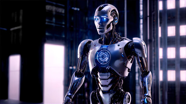 A tall sleek robot standing in a high tech lab