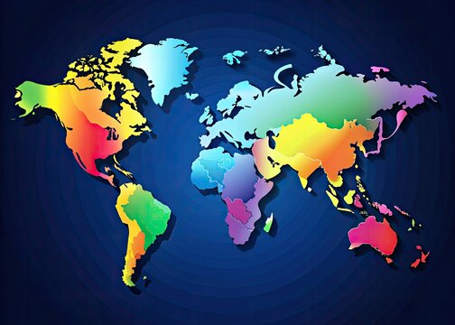 Vibrant, high-contrast world map illustration featuring continents, countries, and borders in bold, modern vectors, perfect for global business, education, and travel-related projects.