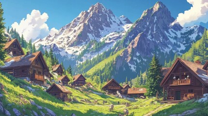 A picturesque mountain village nestled at the foot of snow-capped peaks.