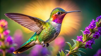 Vibrant hummingbird perches on delicate purple flower, its iridescent feathers glistening in the warm sunlight, showcasing its sleek, aerodynamic body and swift, beating wings.