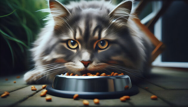 gato gris comiendo su comida
