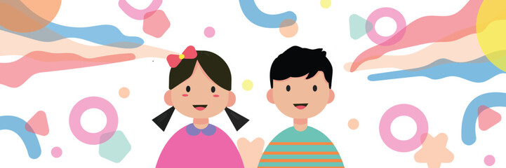 banner happy children day with cute background and two children