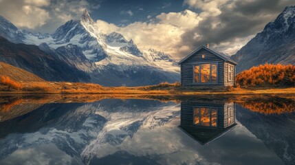 Fototapeta premium Idyllic Mountain Lake Retreat: A Wooden House Embraces the Autumn Splendor and Majestic Snow-Capped Mountains.