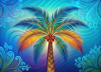 Fototapeta premium Vibrant illustration of a stylized palm tree with intricate details and bold lines, set against a bright blue background with subtle gradient effect.