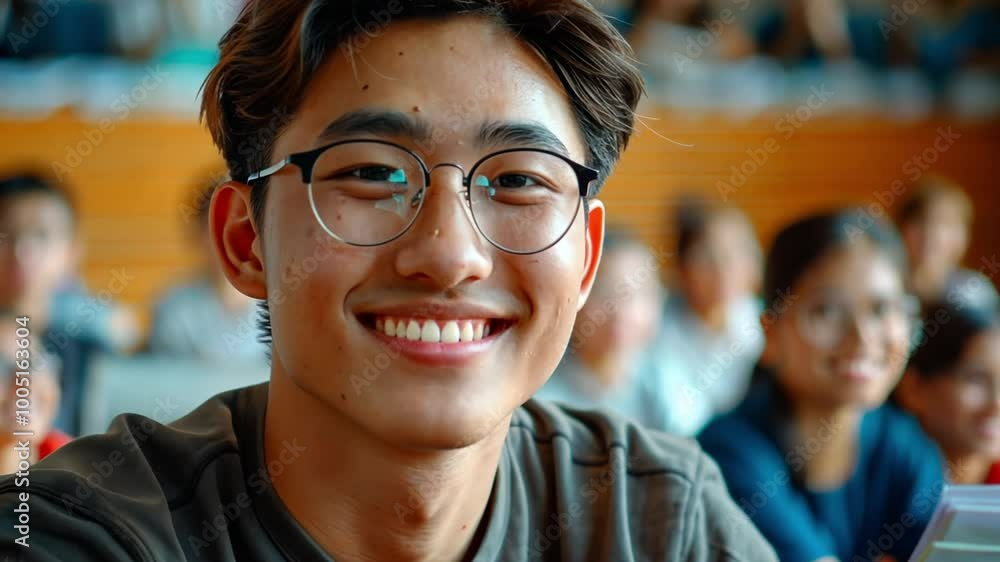 Poster A young man wearing glasses smiles brightly while sitting in a university classroom. Classmates are visible in the background, creating a lively atmosphere during the lecture.