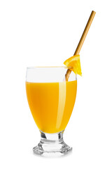 Glass of fresh orange juice on white background