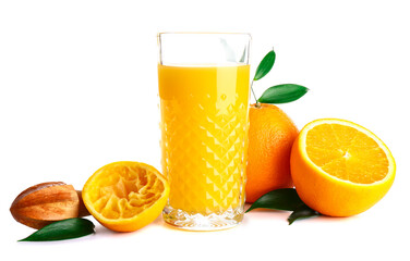 Glass of fresh orange juice and leaves on white background