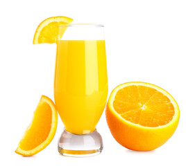 Glass of fresh orange juice on white background