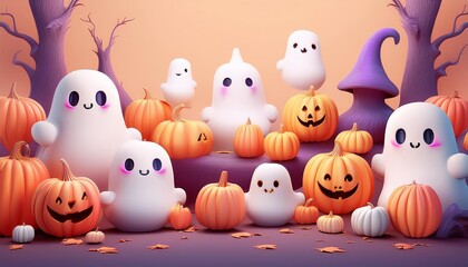 A whimsical Halloween scene featuring cute ghosts and smiling pumpkins against a colorful backdrop.