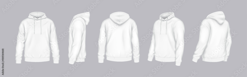 Canvas Prints Mockup white hoodies of different perspectives realistic vector illustration set. Casual outfit with logo mockup 3d models on grey background