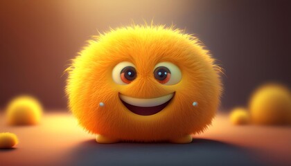 A cheerful, fluffy yellow character with big eyes smiles warmly, surrounded by smaller yellow spheres, creating a playful, joyful atmosphere.
