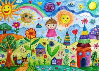 Obraz premium Vibrant, imaginative artwork created by young minds featuring colorful scribbles, whimsical creatures, and fantastical landscapes on paper, showcasing innocence and creative freedom.