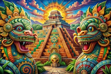 Naklejka premium Vibrant, intricate Aztec-inspired illustrations of serpent gods, pyramids, and mystical creatures adorn ancient stone walls, blending myth and mysticism in a swirling symphony of colors.