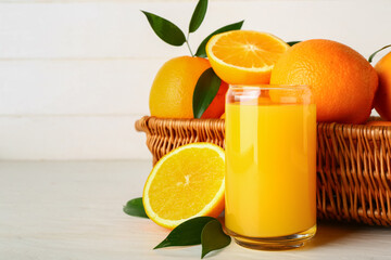 Glass of fresh orange juice and wicker basket with fruits on white background