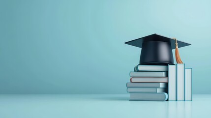 Graduation cap atop stacked books symbolizing education success