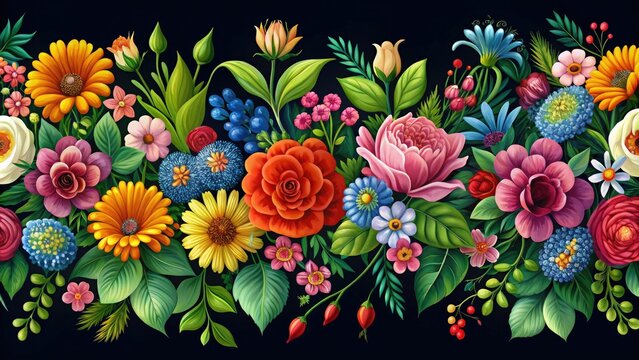 Vibrant, intricately arranged flowers and foliage form a stunning border, perfect for adding a touch of elegance and nature-inspired charm to any design or composition.