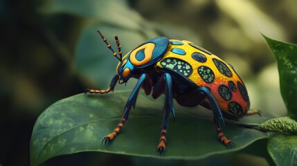 Naklejka premium Vibrant Beetle on Leaf in Forest Habitat
