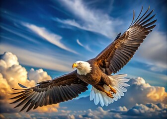 Obraz premium A magnificent bald eagle soars through the sky, its wings fully spread, showcasing an impressive display of grace and strength against the vast blue backdrop.
