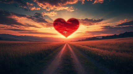 A dirt road leads into a field of golden wheat with a red heart-shaped sun setting behind it.