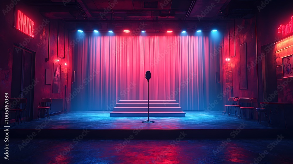 Poster empty stage with microphone and red curtains in a concert venue with spotlights. ready for a perform
