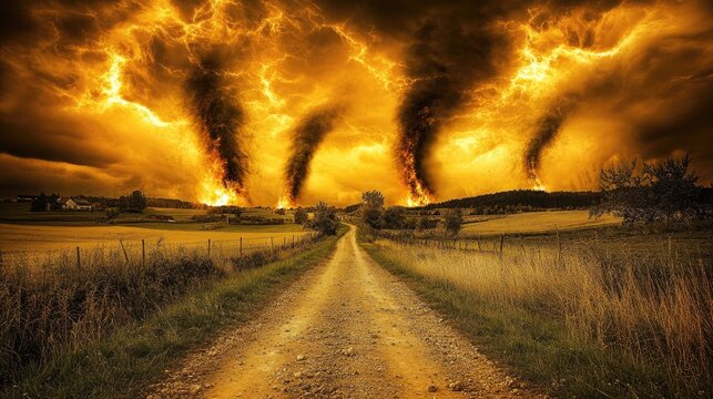 A dirt road winds through a rural landscape, with a fiery sky above.