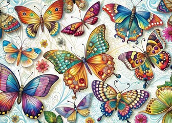 Fototapeta premium Vibrant, intricately detailed butterflies in various colors and shapes, adorned with delicate patterns and ornate wings, flutter against a soft, white background.