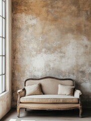 Elegant Couch Against Rustic Wall in Minimalist Room