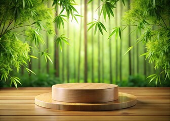 A tranquil bamboo backdrop enhances this empty podium, showcasing products in a tea tree style, blending elegance and serenity for an inviting display.