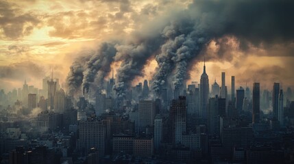 City Skyline with Dramatic Smoke and Clouds at Dusk