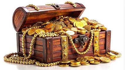 A vintage wooden chest brimming with shimmering gold coins and exquisite jewelry sits majestically against a pristine white backdrop, capturing the essence of treasure.