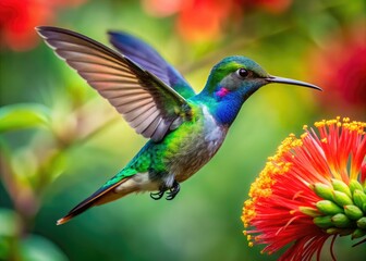 Fototapeta premium Vibrant iridescent plumage glistens as a hummingbird, its delicate wings beating rapidly, sips nectar from a brightly colored flower in a lush, tropical garden setting.