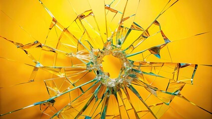Obraz premium Captivating shattered glass effect set against a vivid yellow backdrop, perfect for enhancing creative design projects with dynamic visuals and striking contrasts.