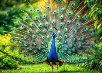 Obraz premium Vibrant male peacock spreads magnificent iridescent tail feathers, showcasing intricate blue and green patterns, amidst lush green foliage in a serene natural setting.