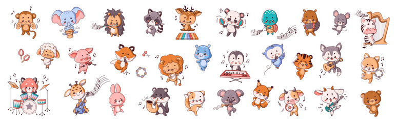 Adorable animals with instruments flat color vector style set. Kawaii musicians collection during lively performance on white background