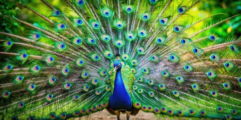 Obraz premium Vibrant male peacock spreads resplendent iridescent tail feathers, shimmering blues and emerald greens, in majestic display against lush green forest foliage backdrop.