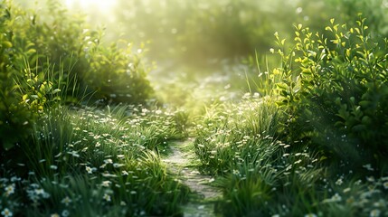 Fototapeta premium Sunlit Path Through a Lush Meadow - Nature Photography