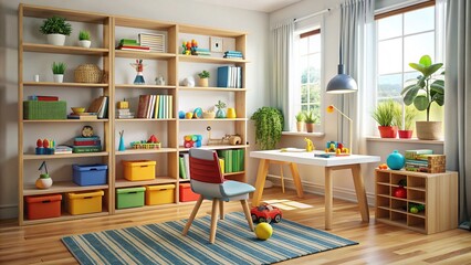 Cozy home office with colorful toys and playful decor, featuring a wooden desk, ergonomic chair, and shelves filled with books and kid-friendly artwork nearby.
