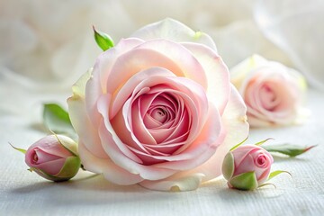 Delicate pink rose petals unfolding from a bud, set against a soft, warm, and dreamy white background, exuding serene elegance and tender beauty.