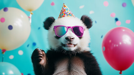 Obraz premium Party animal! Colorful photo of funny, happy panda bear on aqua blue background. Ballons, confetti, happy mood. Birthday celebration banner 