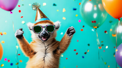 Party animal! Colorful photo of funny, happy lemur on aqua blue  background. Ballons, confetti, happy mood. Birthday celebration banner	