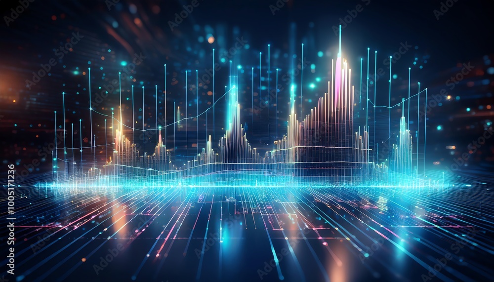 Aufkleber a vibrant digital landscape displays colorful sound waves and data visualizations, representing tech