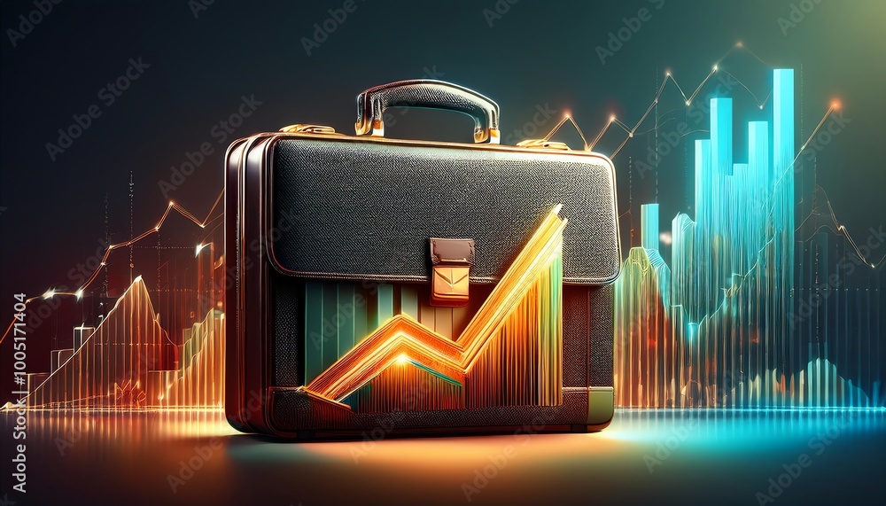 Poster a stylized briefcase with a rising graph symbolizes financial growth and investment strategies again