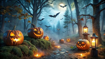 Naklejka premium Eerie Halloween pumpkin lanterns flicker in a mystical forest, shrouded in fog, while 3D bats soar through the night, adding to the haunting atmosphere.