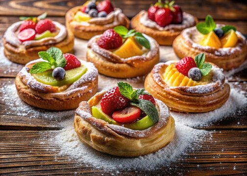 Flaky, sweet, golden-brown Danish pastries overflow with juicy fruit fillings and creamy toppings, arranged artfully on a rustic wooden table amidst scattered powdered sugar.