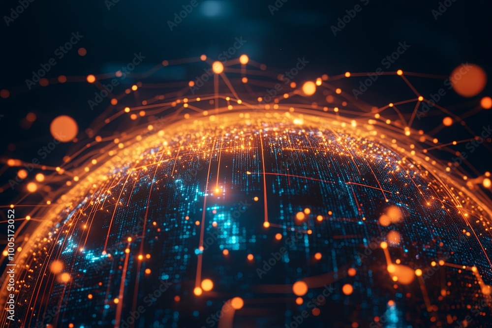 Poster a glowing digital globe interconnected with bright lines and points representing technology and data