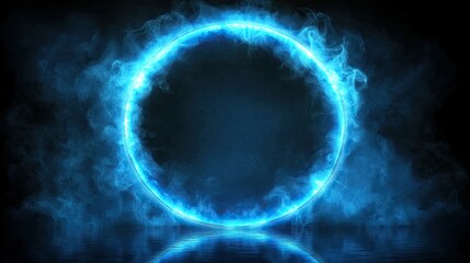 Obraz premium A glowing blue ring with smoke and reflection on a black background.