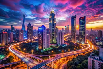 Fototapeta premium Vibrant neon lights illuminate a futuristic cityscape at dusk, with sleek skyscrapers and winding roads, creating a mesmerizing high-tech backdrop perfect for a modern desktop wallpaper.